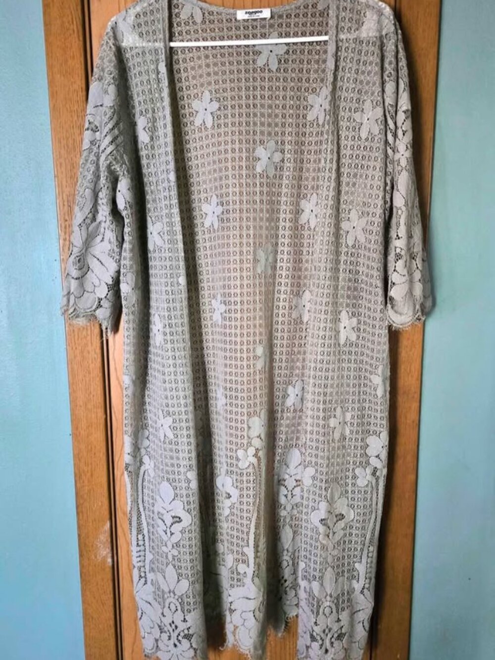Size L Zeagoo Gray Floral Sheer Kimono Short Sleeve Duster Cardigan
